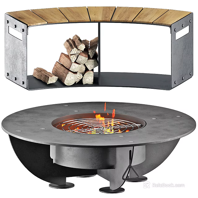 Garden Decor Metal Round Fire Pit With Stacked Firewood Logs For Outdoor Use 3d model 