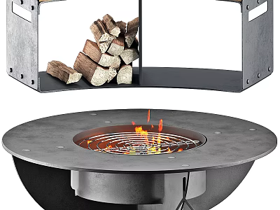 Garden Decor Metal Round Fire Pit With Stacked Firewood Logs For Outdoor Use 3d model
