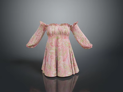 Fashionable Women's Off The Shoulder Pink Patterned Dress with Puff Sleeves and Elegant Design 3d model