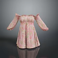Fashionable Women's Off The Shoulder Pink Patterned Dress with Puff Sleeves and Elegant Design
