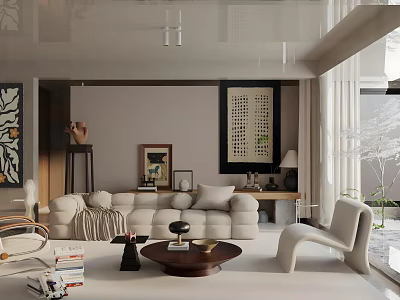 Elegant Modern Living Room Interior With White Sofa Round Coffee Table And Abstract Paintings 3d model
