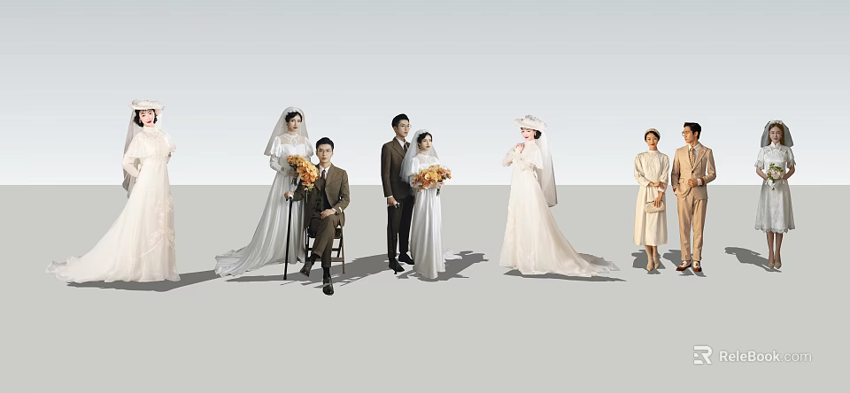 Elegant Group of People Wearing Various Style Wedding Dresses with Different Designs and Classic Details 3d model 