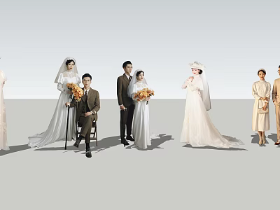Elegant Group of People Wearing Various Style Wedding Dresses with Different Designs and Classic Details 3d model