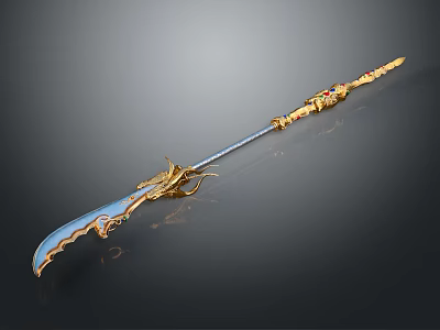 Ornate Decorative Sword With Golden Accents Blue Blade And Dragon Design 3d model