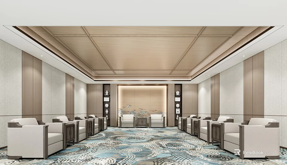 Elegant Hotel Public Lounge Interior With Comfortable Sofas Patterned Carpet And Wooden Ceiling 3d model