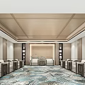 Elegant Hotel Public Lounge Interior With Comfortable Sofas Patterned Carpet And Wooden Ceiling 3d model