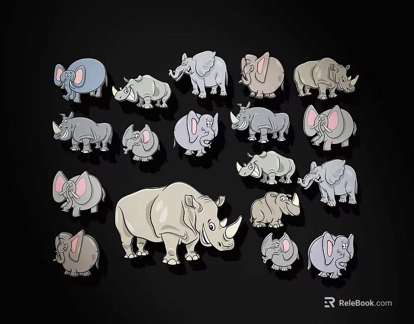 Set of Colorful Cartoon Rhinoceros Characters in Various Sizes and Poses 3d model 