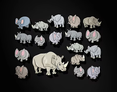 Set of Colorful Cartoon Rhinoceros Characters in Various Sizes and Poses 3d model Set of Colorful Cartoon Rhinoceros Characters in Various Sizes and Poses 3d model