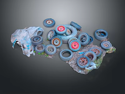 Discarded Tires And Plastic Bags Scattered On Ground With Small Debris 3d model