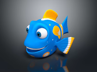 Cartoon Blue Fish with Yellow Accents Orange Spots Big Eyes on Dark Background 3d model