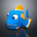 Cartoon Blue Fish with Yellow Accents Orange Spots Big Eyes on Dark Background 3d model