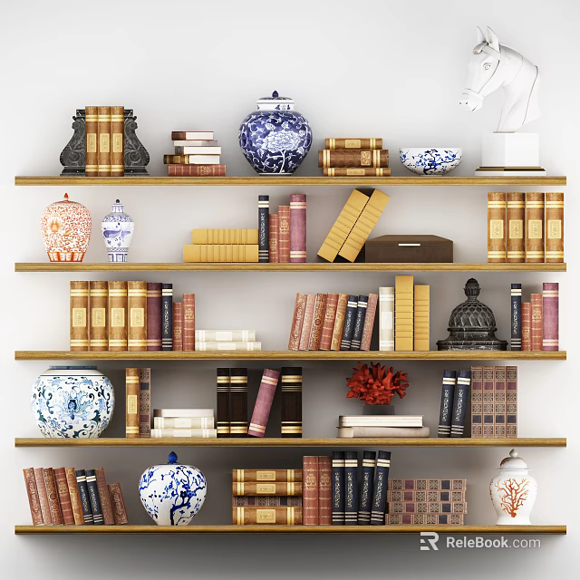 Decorative Bookshelf With Various Books Blue And White Vases And Small Decorations 3d model 