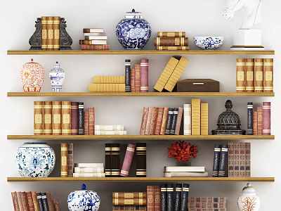 Decorative Bookshelf With Various Books Blue And White Vases And Small Decorations 3d model