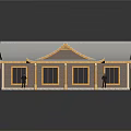 Traditional Architecture with Curved Eaves Large Windows Light Gray Roof Yellow Trim and Brown Walls