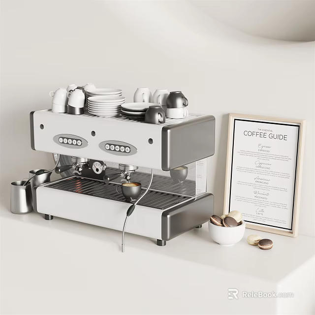 Coffee Machine On White Kitchen Counter With Cups Plates Coffee Guide Frame And Coffee Beans Bowl 3d model 