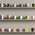 Kitchenware Mugs In Various Colors And Designs Neatly Arranged On Wooden Shelves