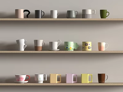 Kitchenware Mugs In Various Colors And Designs Neatly Arranged On Wooden Shelves 3d model