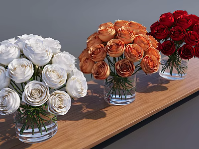 White Orange Red Roses in Transparent Glass Vases on Wooden Tabletop 3d model