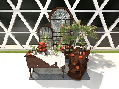Wooden Display Cabinet Shelf With Arched Mirror White Tablecloth Decorative Plants And Fruits 3d model