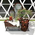 Wooden Display Cabinet Shelf With Arched Mirror White Tablecloth Decorative Plants And Fruits