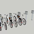 Row of Modern Bicycles Parked at Urban Docking Stations with Charging Ports