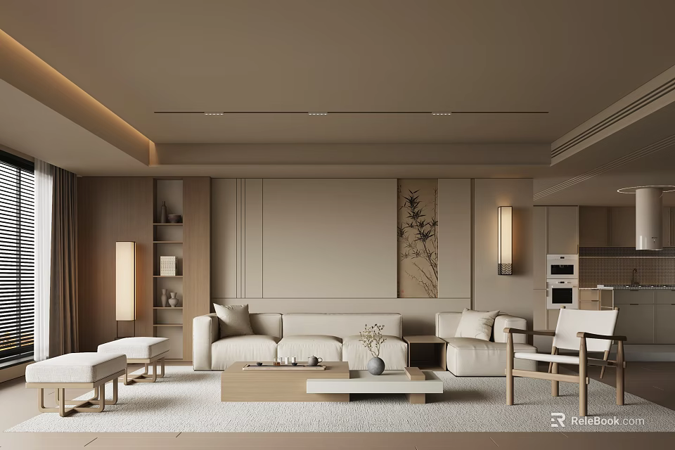Modern Living Room Interior Design With Beige Sofa Wooden Furniture Area Rug And Decorative Painting 3d model 