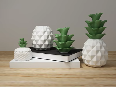White And Green Pineapple Shaped Decorative Ornament Set On Stacked Books For Wooden Tabletop Decoration 3d model