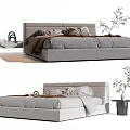 Modern Light Gray Double Bed with Bedding Pillows and Side Table Green Plant 3d model