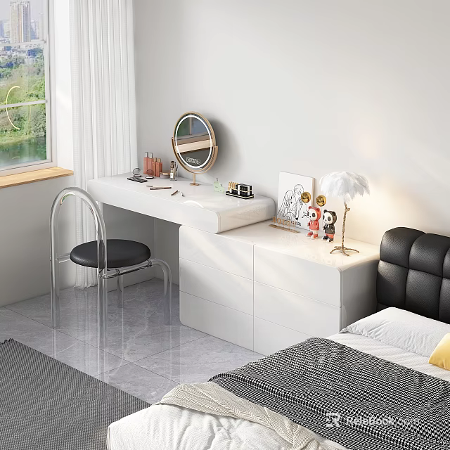 White Modern Dressing Table With Round Mirror Table Lamp And Cosmetics In Bedroom 3d model 