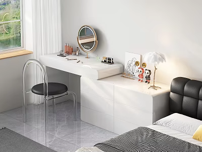 White Modern Dressing Table With Round Mirror Table Lamp And Cosmetics In Bedroom 3d model
