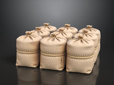 Beige Burlap Sacks Tied With Rope Neatly Arranged On Black Background 3d model
