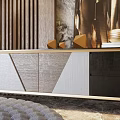 Luxury Modern TV Cabinet With Wood Metal Accents And Decor Items Against Marble Wall