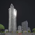 Modern Tall Office Building Night View With Bright Exterior Lighting And Urban Skyline