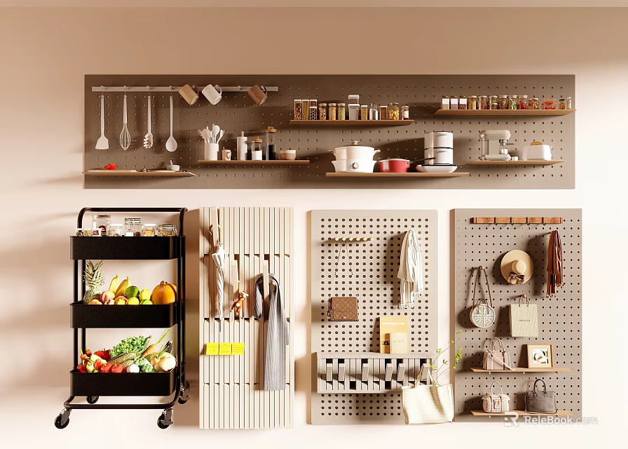 Organize Kitchen Space With Wall Mounted Shelves Rolling Cart And Pegboard Storage 3d model 
