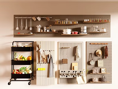 Organize Kitchen Space With Wall Mounted Shelves Rolling Cart And Pegboard Storage 3d model