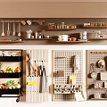 Organize Kitchen Space With Wall Mounted Shelves Rolling Cart And Pegboard Storage