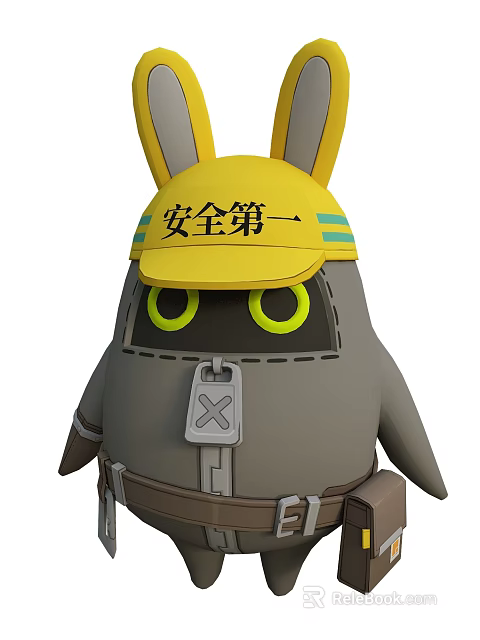 Cartoon Game Character In Yellow Rabbit Ear Hat Safety First Text Yellow Eyes Chest X Badge 3d model 