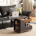 Dark Wood Side Table With Open Storage Shelf Books Mug Tray And Sofa In Living Room