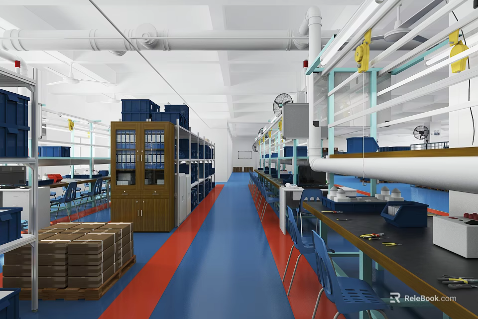Industrial Workshop Interior With Equipment Shelves Workbenches Blue Floor And Red Lines 3d model 