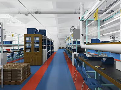 Industrial Workshop Interior With Equipment Shelves Workbenches Blue Floor And Red Lines 3d model