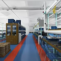 Industrial Workshop Interior With Equipment Shelves Workbenches Blue Floor And Red Lines