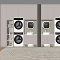 Modern Laundry Room With Stacked Washing Machines Dryers Sink And White Storage Cabinets
