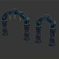 Wood and Stone Decorative Arches with Intricate Columns and Blue Purple Accents