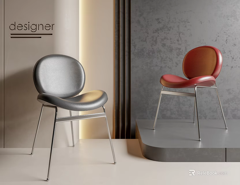 Modern Designer Dining Chairs Gray and Red Leather Seats with Metal Legs in Contemporary Space 3d model 