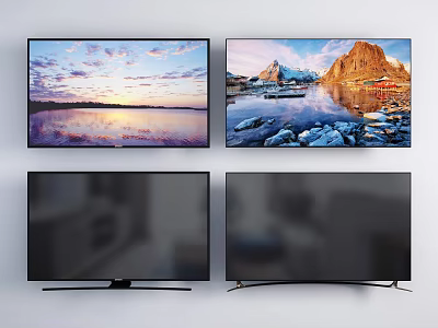 Modern TVs Showcase Sunset Over Lake and Mountain Lake with Rocks Scenic Displays 3d model