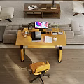 Home Office With Wooden Desk Laptop Desk Lamp Potted Plant And Window Grass View