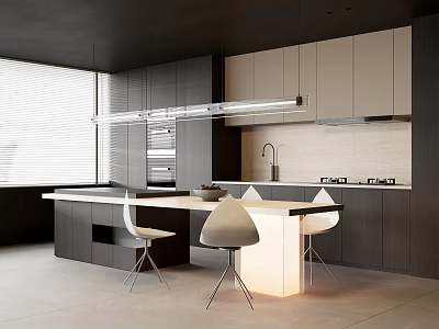 Modern Kitchen Interior Design With Island Countertop Cabinets And Dining Chairs 3d model