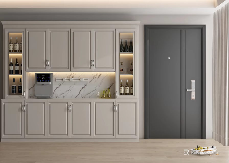 Modern Gray Wine Cabinet Kitchen Design With Marble Countertop And Built in Wine Racks 3d model 