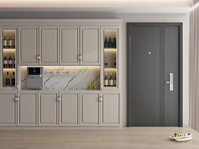 Modern Gray Wine Cabinet Kitchen Design With Marble Countertop And Built in Wine Racks 3d model