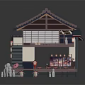 Cartoon Scene of Traditional Japanese Architecture with Classic Roof Stairs Lanterns and Interior Decorative Furniture